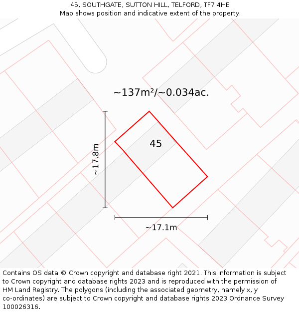 45, SOUTHGATE, SUTTON HILL, TELFORD, TF7 4HE: Plot and title map