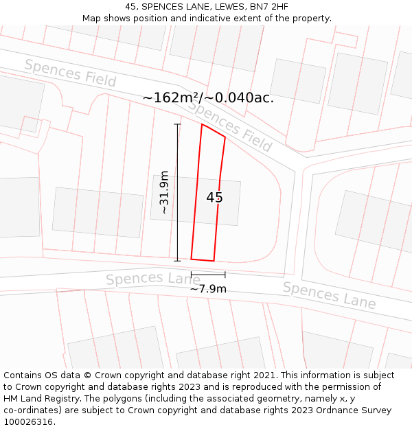 45, SPENCES LANE, LEWES, BN7 2HF: Plot and title map