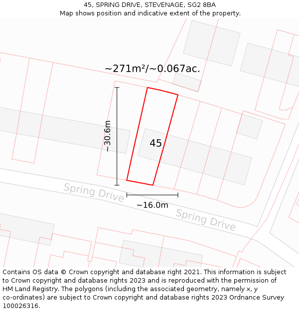 45, SPRING DRIVE, STEVENAGE, SG2 8BA: Plot and title map