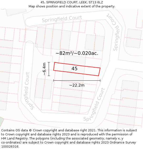 45, SPRINGFIELD COURT, LEEK, ST13 6LZ: Plot and title map