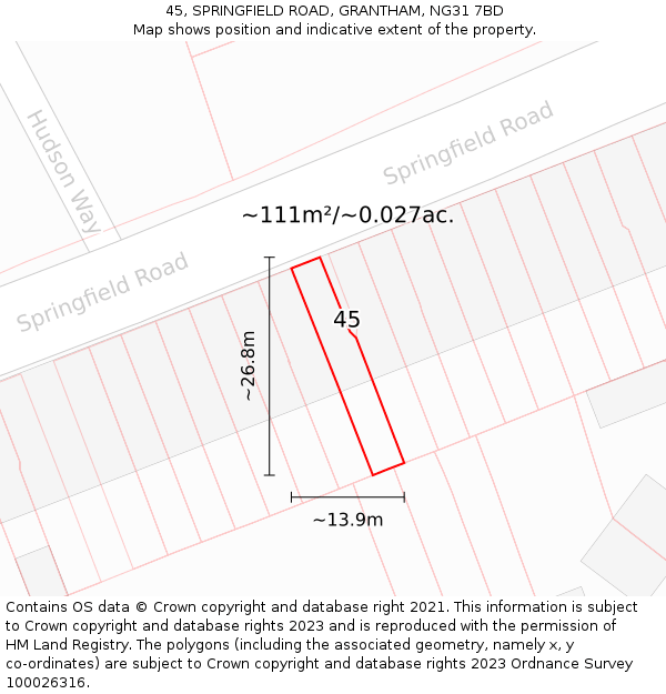 45, SPRINGFIELD ROAD, GRANTHAM, NG31 7BD: Plot and title map