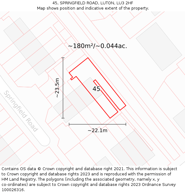 45, SPRINGFIELD ROAD, LUTON, LU3 2HF: Plot and title map