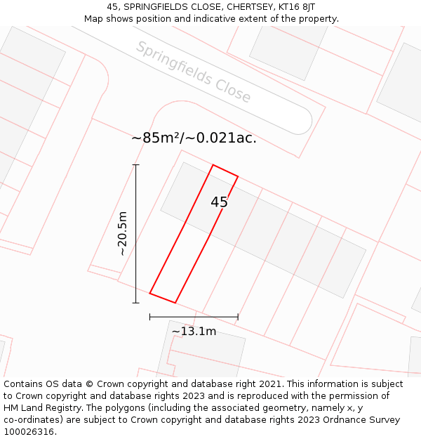 45, SPRINGFIELDS CLOSE, CHERTSEY, KT16 8JT: Plot and title map