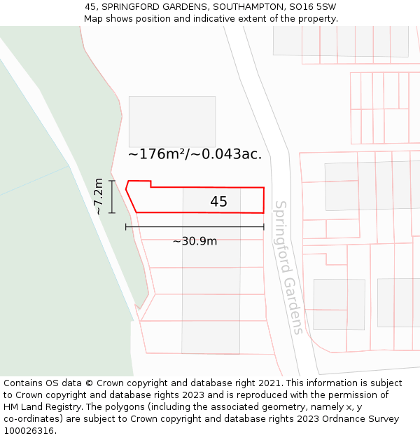 45, SPRINGFORD GARDENS, SOUTHAMPTON, SO16 5SW: Plot and title map