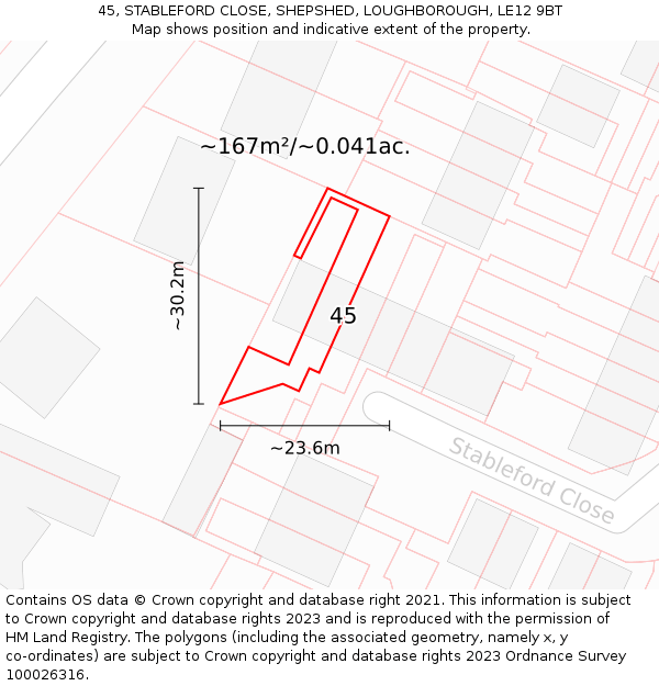 45, STABLEFORD CLOSE, SHEPSHED, LOUGHBOROUGH, LE12 9BT: Plot and title map