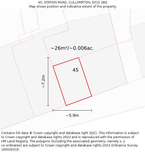 45, STATION ROAD, CULLOMPTON, EX15 1BQ: Plot and title map