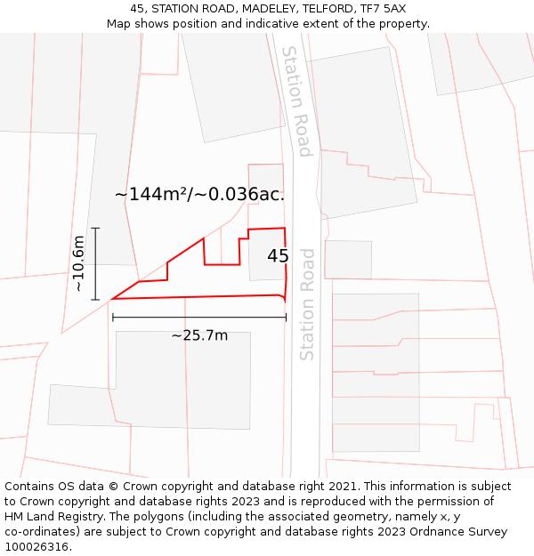 45, STATION ROAD, MADELEY, TELFORD, TF7 5AX: Plot and title map