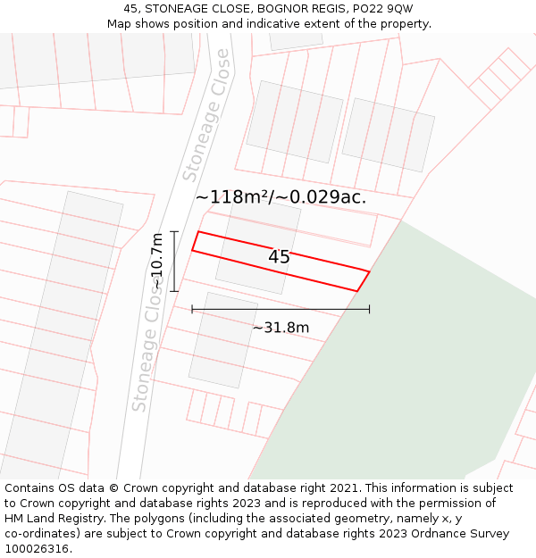 45, STONEAGE CLOSE, BOGNOR REGIS, PO22 9QW: Plot and title map