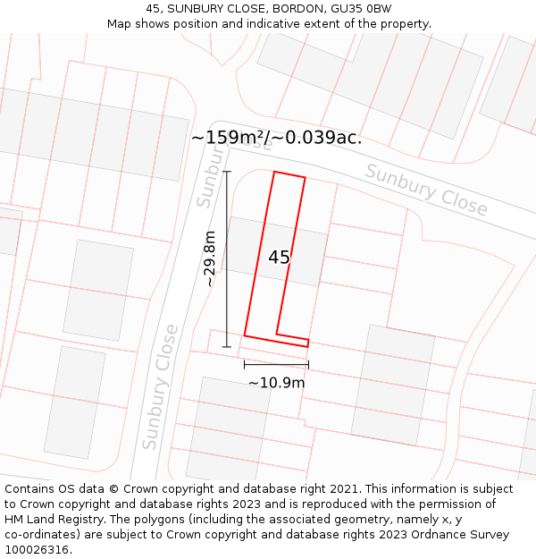 45, SUNBURY CLOSE, BORDON, GU35 0BW: Plot and title map