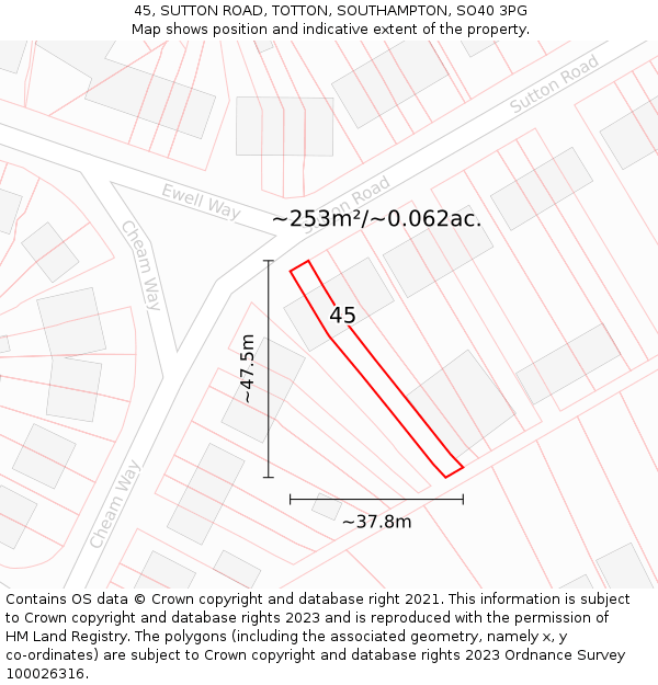 45, SUTTON ROAD, TOTTON, SOUTHAMPTON, SO40 3PG: Plot and title map