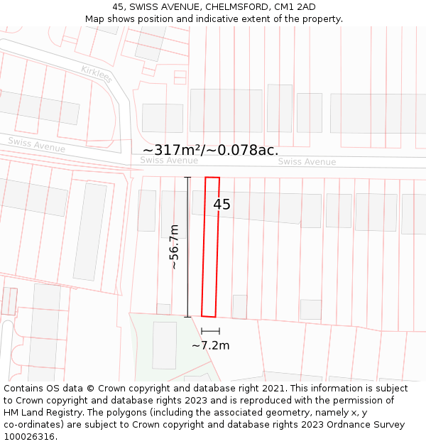 45, SWISS AVENUE, CHELMSFORD, CM1 2AD: Plot and title map