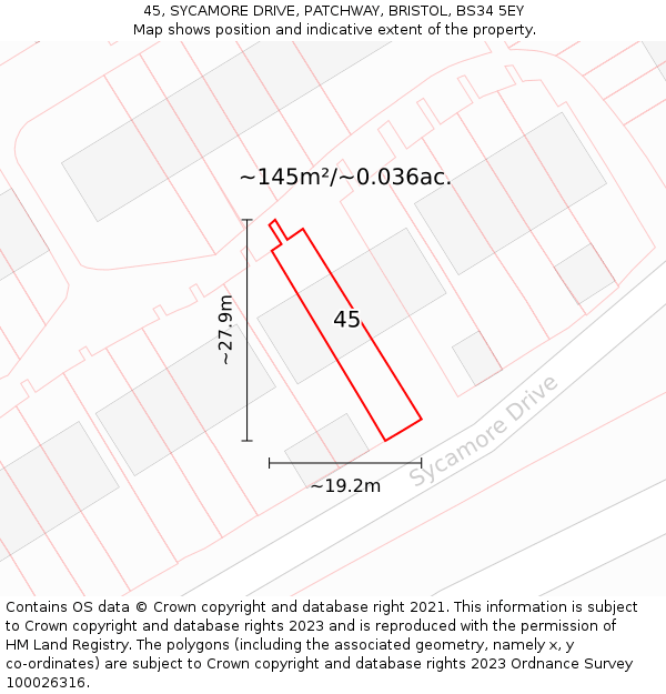 45, SYCAMORE DRIVE, PATCHWAY, BRISTOL, BS34 5EY: Plot and title map
