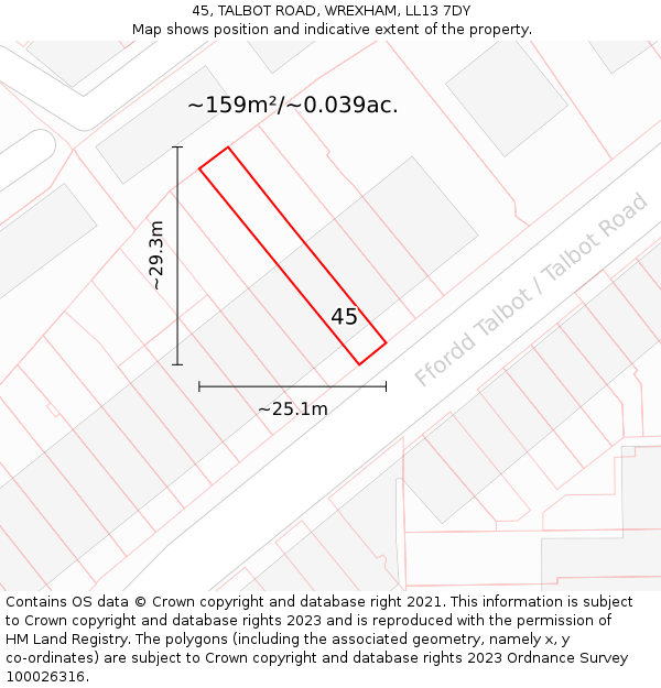 45, TALBOT ROAD, WREXHAM, LL13 7DY: Plot and title map