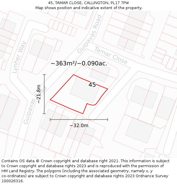 45, TAMAR CLOSE, CALLINGTON, PL17 7PW: Plot and title map