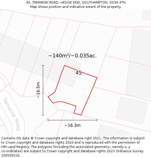 45, TAMARISK ROAD, HEDGE END, SOUTHAMPTON, SO30 4TN: Plot and title map