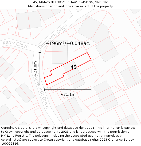 45, TAMWORTH DRIVE, SHAW, SWINDON, SN5 5RQ: Plot and title map