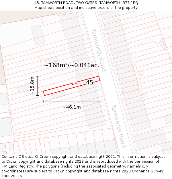 45, TAMWORTH ROAD, TWO GATES, TAMWORTH, B77 1EQ: Plot and title map
