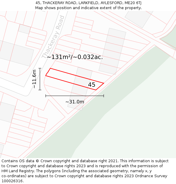 45, THACKERAY ROAD, LARKFIELD, AYLESFORD, ME20 6TJ: Plot and title map