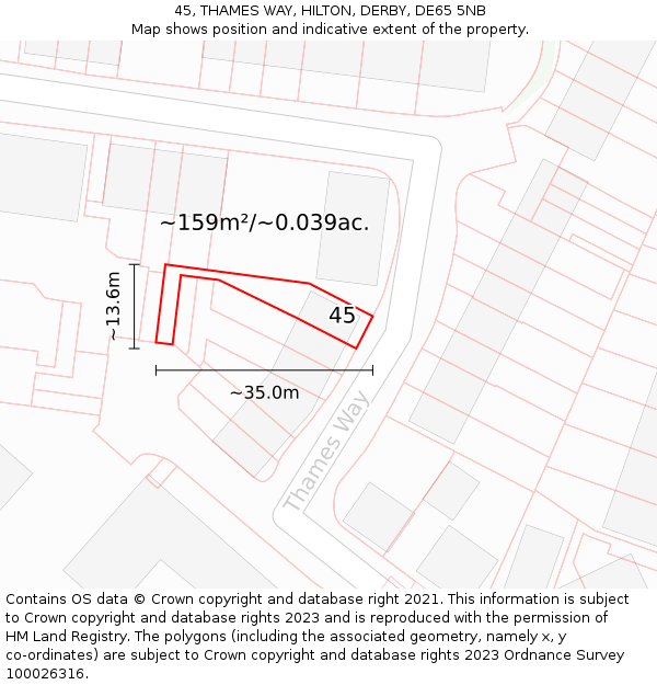 45, THAMES WAY, HILTON, DERBY, DE65 5NB: Plot and title map