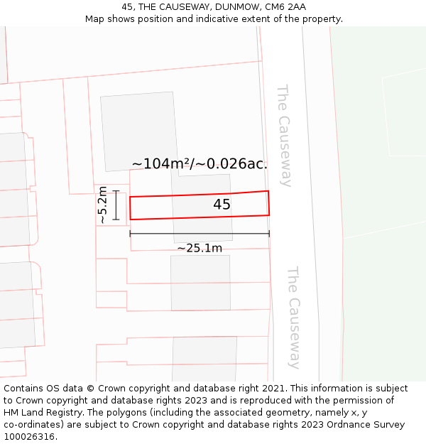 45, THE CAUSEWAY, DUNMOW, CM6 2AA: Plot and title map