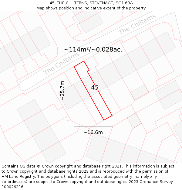 45, THE CHILTERNS, STEVENAGE, SG1 6BA: Plot and title map