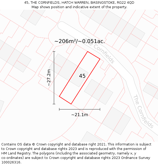 45, THE CORNFIELDS, HATCH WARREN, BASINGSTOKE, RG22 4QD: Plot and title map
