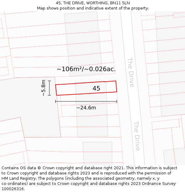 45, THE DRIVE, WORTHING, BN11 5LN: Plot and title map