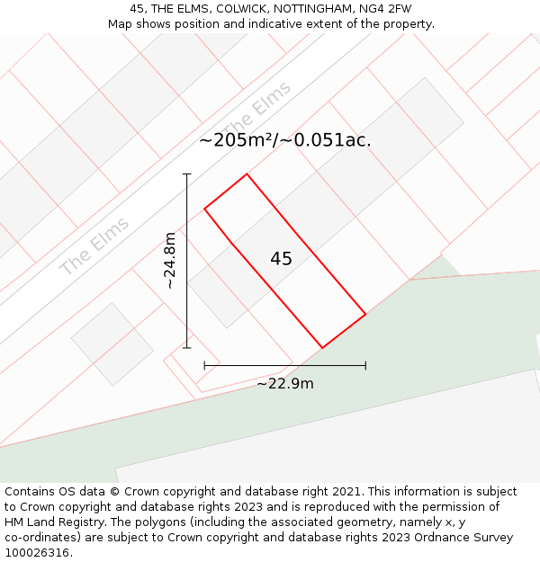 45, THE ELMS, COLWICK, NOTTINGHAM, NG4 2FW: Plot and title map