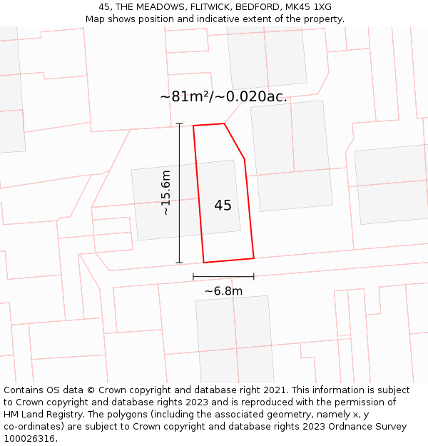 45, THE MEADOWS, FLITWICK, BEDFORD, MK45 1XG: Plot and title map