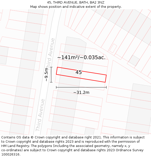 45, THIRD AVENUE, BATH, BA2 3NZ: Plot and title map