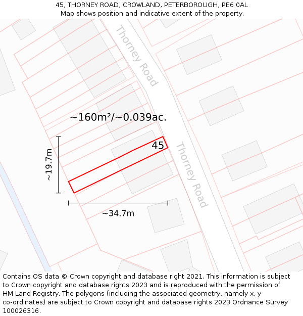 45, THORNEY ROAD, CROWLAND, PETERBOROUGH, PE6 0AL: Plot and title map