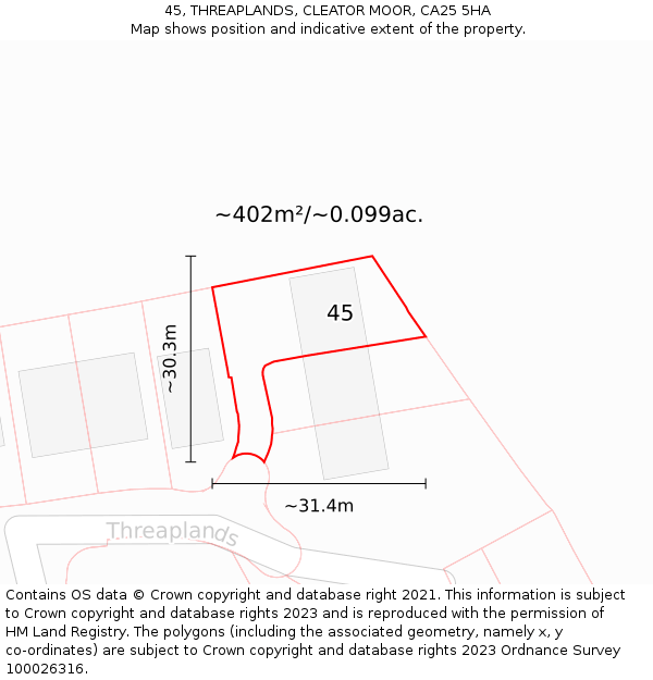 45, THREAPLANDS, CLEATOR MOOR, CA25 5HA: Plot and title map