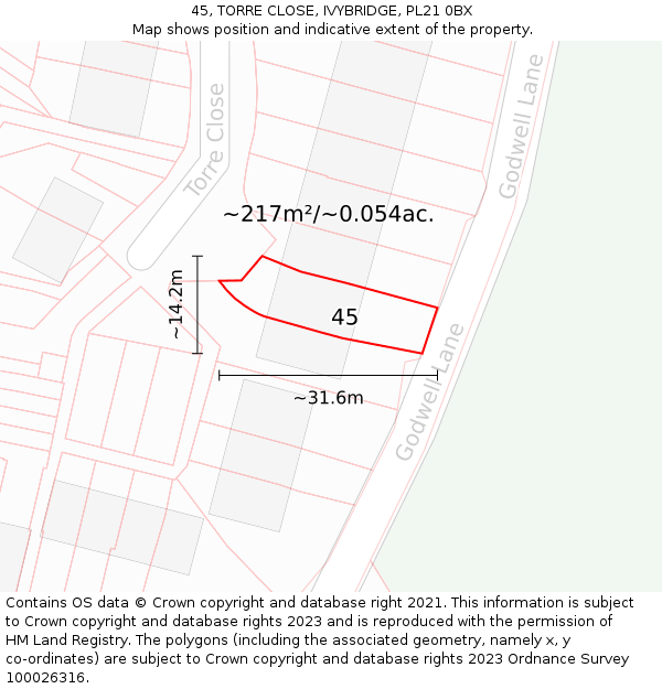 45, TORRE CLOSE, IVYBRIDGE, PL21 0BX: Plot and title map