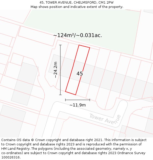 45, TOWER AVENUE, CHELMSFORD, CM1 2PW: Plot and title map