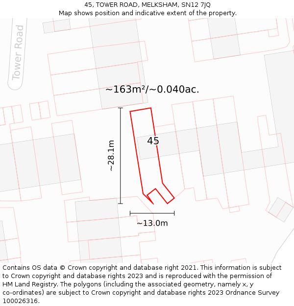 45, TOWER ROAD, MELKSHAM, SN12 7JQ: Plot and title map