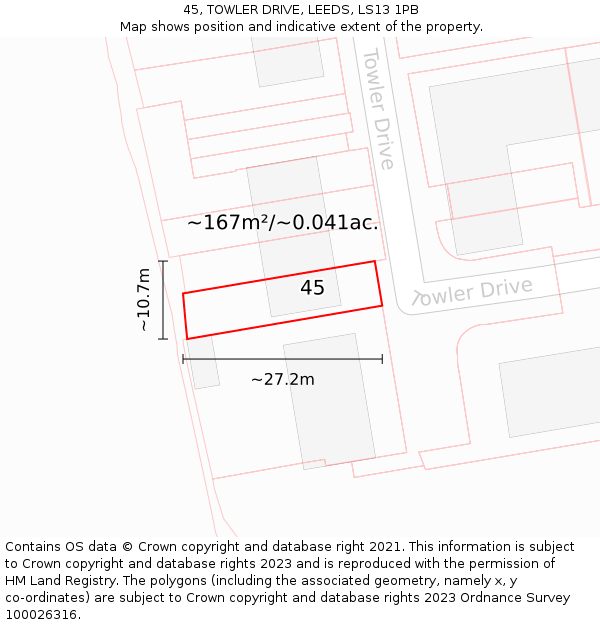 45, TOWLER DRIVE, LEEDS, LS13 1PB: Plot and title map