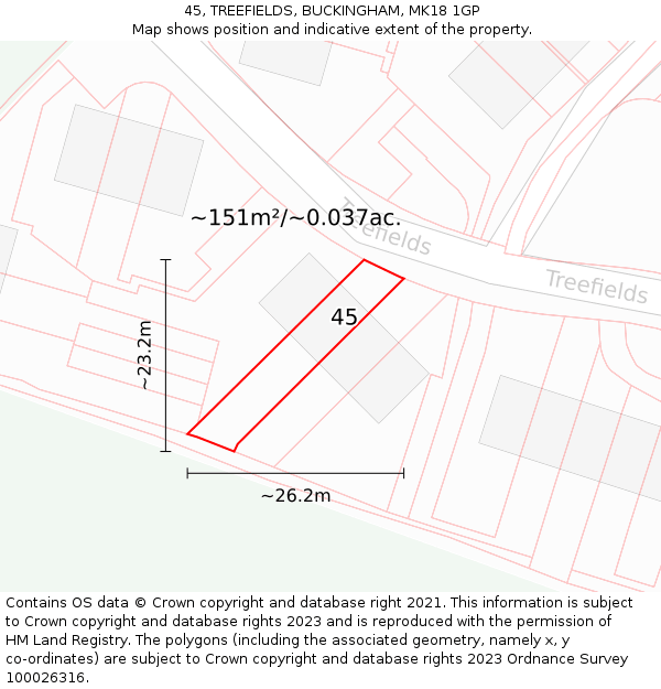 45, TREEFIELDS, BUCKINGHAM, MK18 1GP: Plot and title map