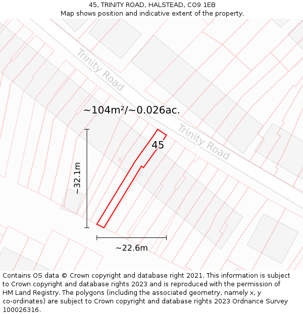 45, TRINITY ROAD, HALSTEAD, CO9 1EB: Plot and title map