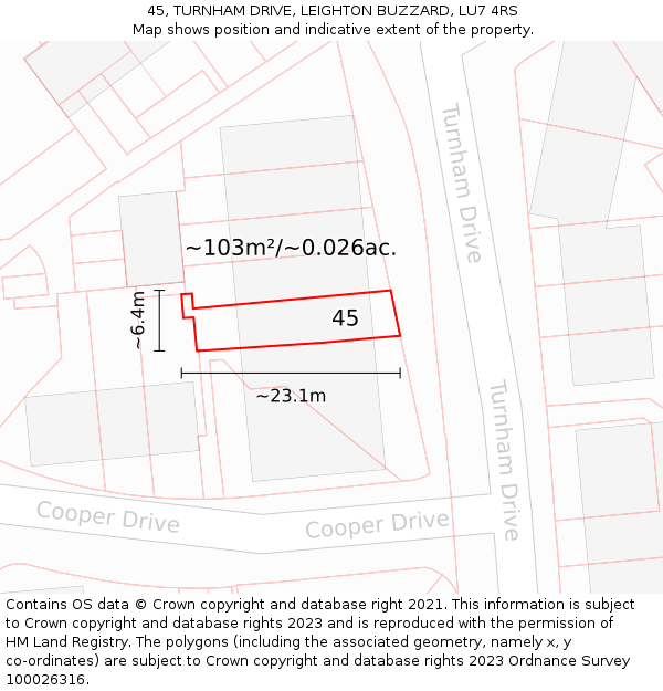 45, TURNHAM DRIVE, LEIGHTON BUZZARD, LU7 4RS: Plot and title map
