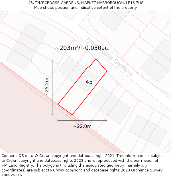 45, TYMECROSSE GARDENS, MARKET HARBOROUGH, LE16 7US: Plot and title map