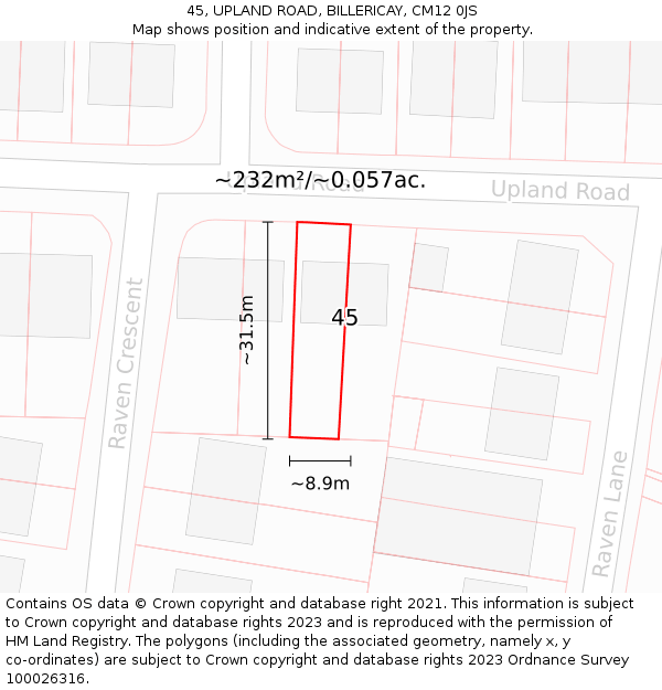 45, UPLAND ROAD, BILLERICAY, CM12 0JS: Plot and title map