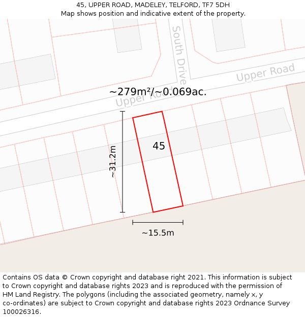 45, UPPER ROAD, MADELEY, TELFORD, TF7 5DH: Plot and title map