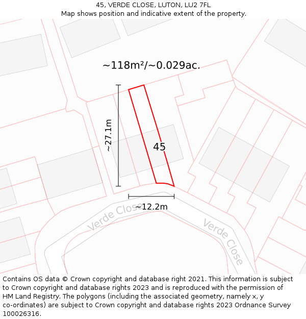 45, VERDE CLOSE, LUTON, LU2 7FL: Plot and title map