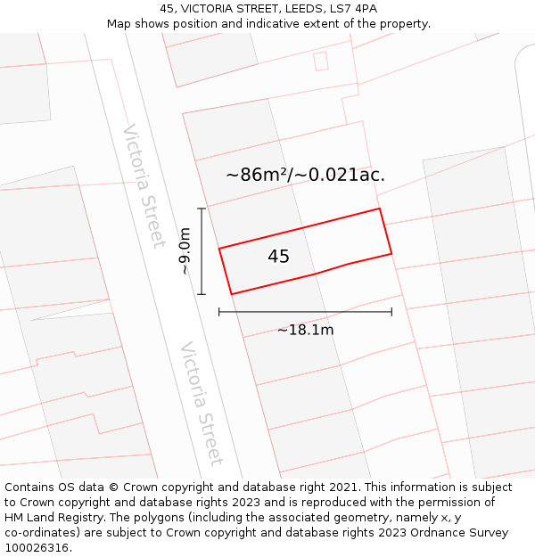 45, VICTORIA STREET, LEEDS, LS7 4PA: Plot and title map