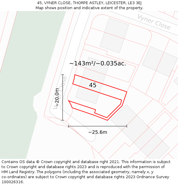 45, VYNER CLOSE, THORPE ASTLEY, LEICESTER, LE3 3EJ: Plot and title map