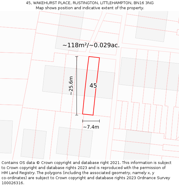 45, WAKEHURST PLACE, RUSTINGTON, LITTLEHAMPTON, BN16 3NG: Plot and title map