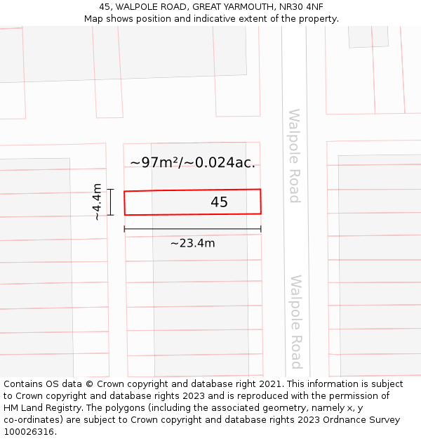 45, WALPOLE ROAD, GREAT YARMOUTH, NR30 4NF: Plot and title map