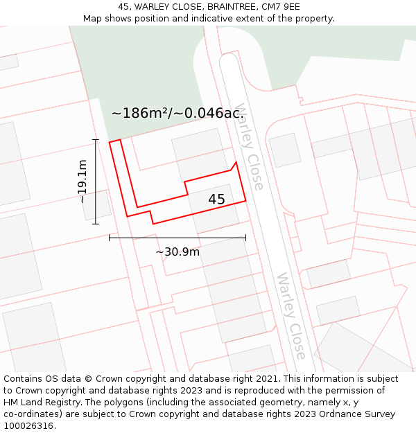 45, WARLEY CLOSE, BRAINTREE, CM7 9EE: Plot and title map