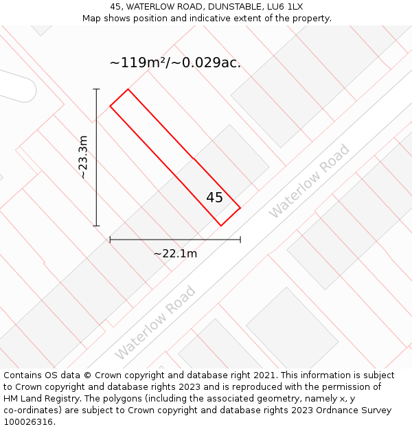 45, WATERLOW ROAD, DUNSTABLE, LU6 1LX: Plot and title map