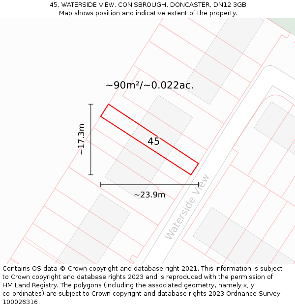 45, WATERSIDE VIEW, CONISBROUGH, DONCASTER, DN12 3GB: Plot and title map